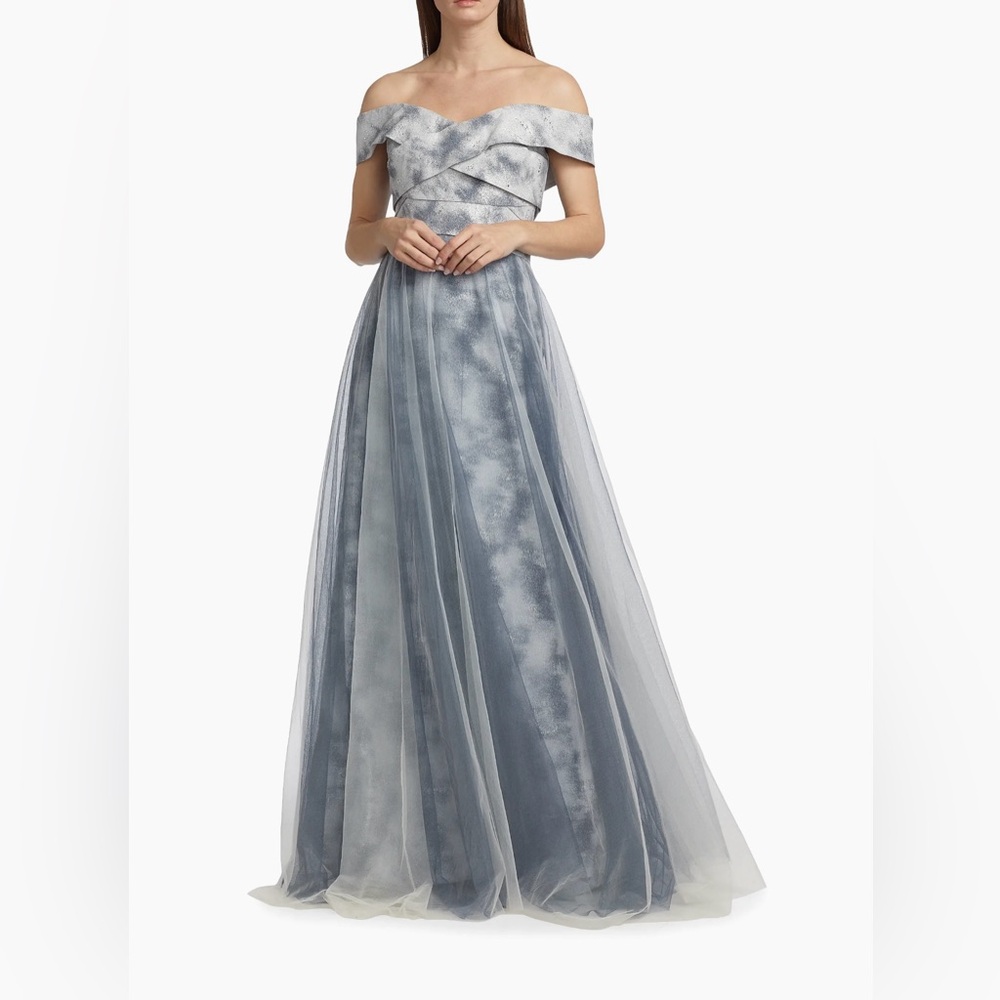 Rene Ruiz Blue and White Off-Shoulder Gown